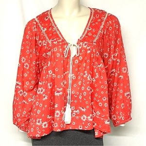 Free People Red Floral Peasant Blouse with Tassel Tie
